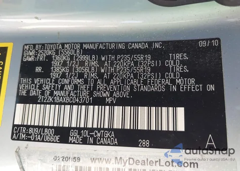 2011 Lexus Rx 350 z USA, uszkodzony, nr VIN 2T2ZK1BAXBC043701